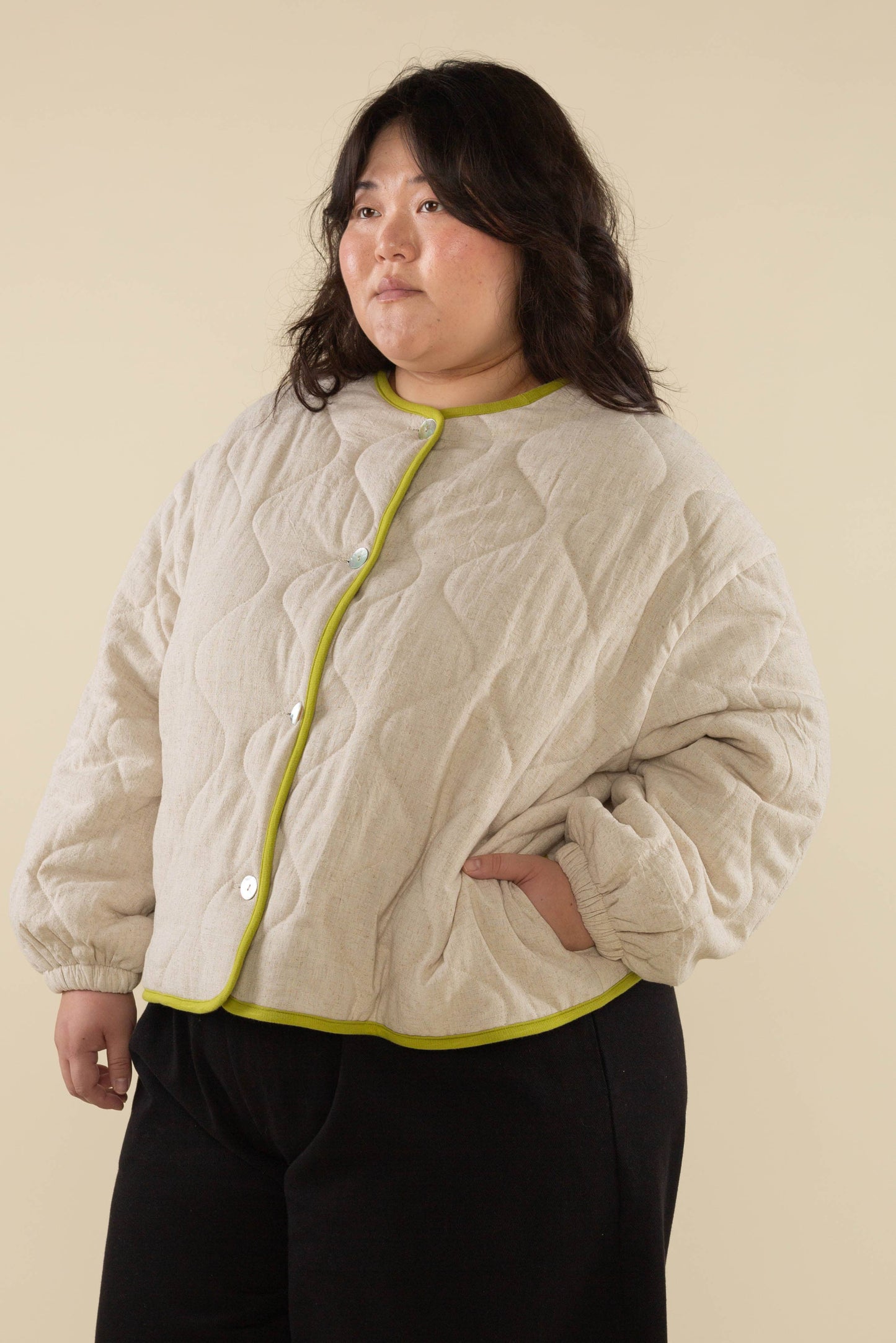 Nubi Boxy Quilted Jacket, Green Trim - Plus Size