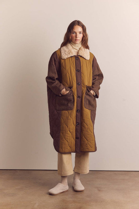 Amente Patch Quilted Wool Blend Coat w/ Detachable Collar