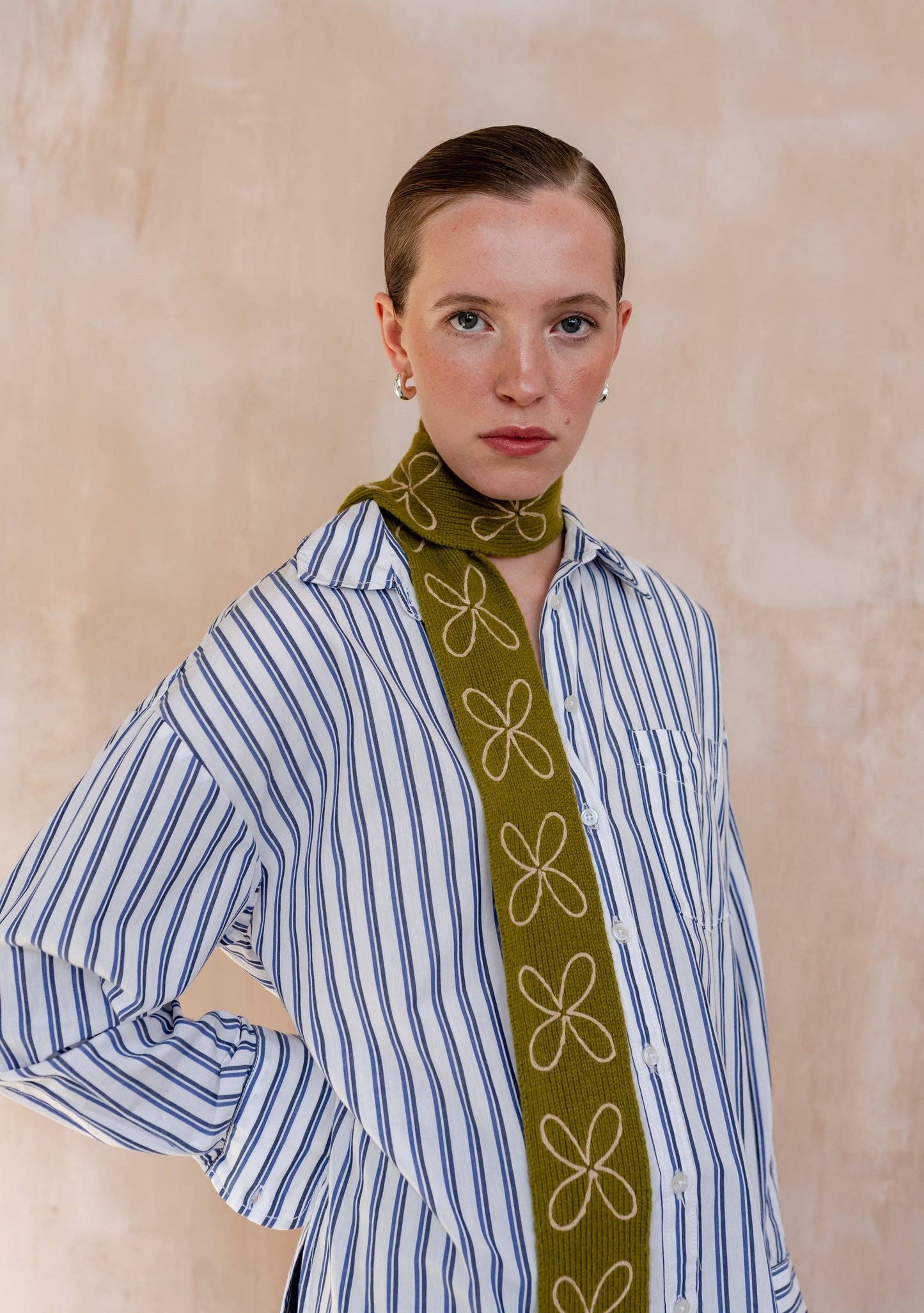 Merino Wool Skinny Scarf in Olive Flora