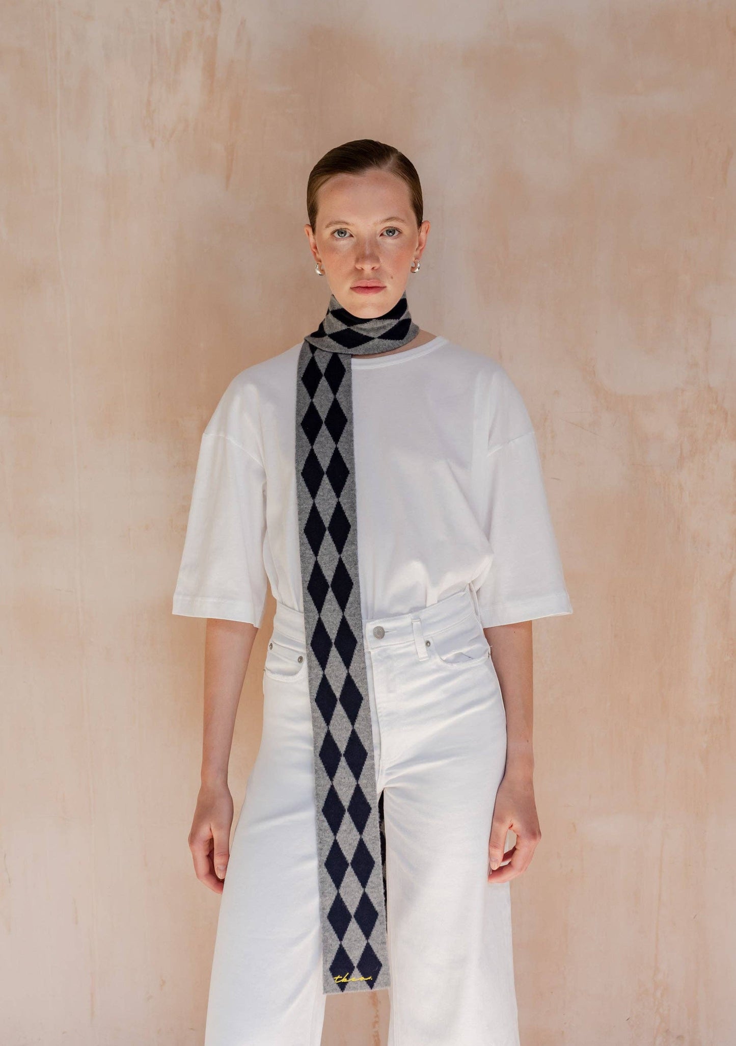 Merino Wool Skinny Scarf in Charcoal Harlequin