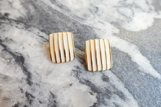 Vintage 80s Gold & Ivory Striped Enamel Earrings