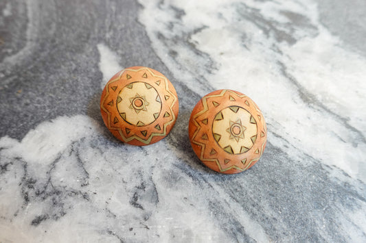 Vintage Hand-Carved Wood Earrings – Sunburst Medallion