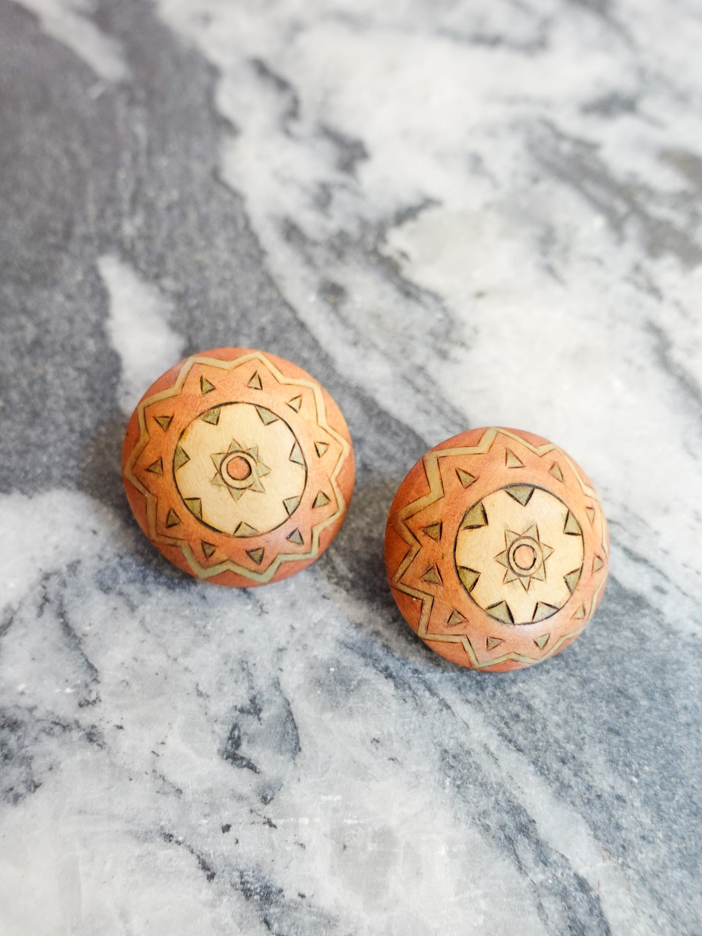 Vintage Hand-Carved Wood Earrings – Sunburst Medallion