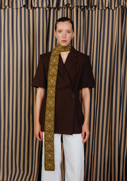 Merino Wool Skinny Scarf in Olive Flora