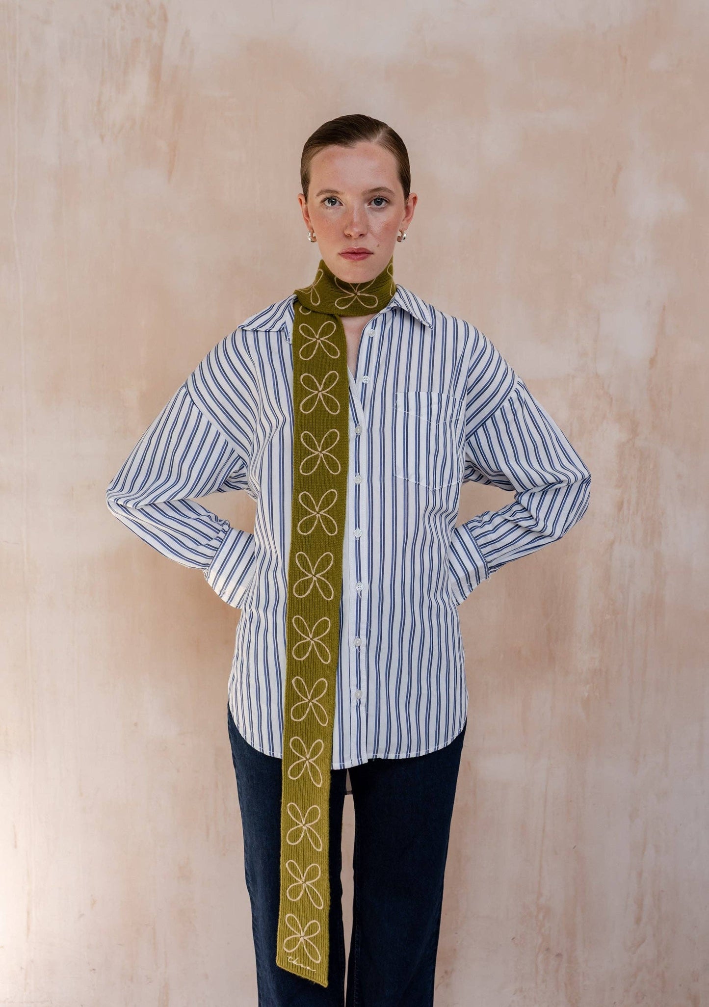 Merino Wool Skinny Scarf in Olive Flora
