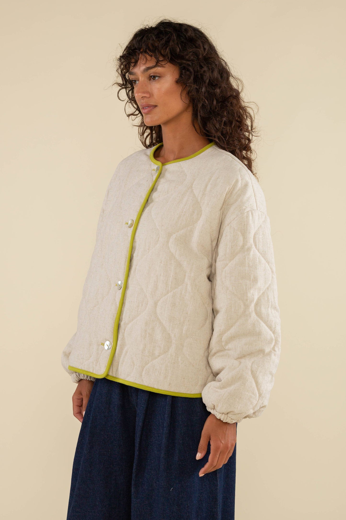 Nubi Boxy Quilted Jacket, Green Trim
