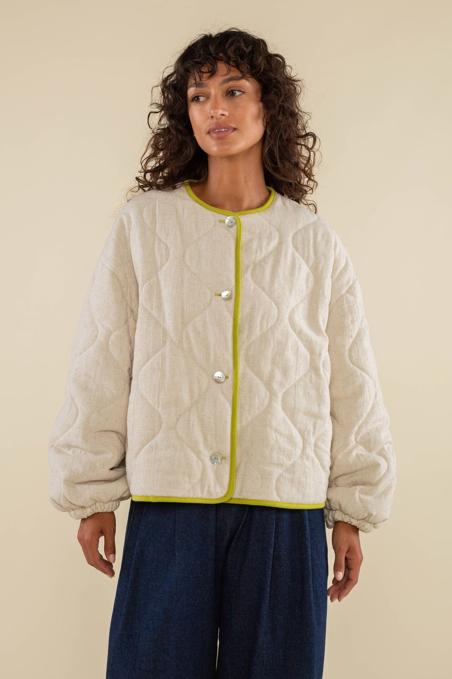 Nubi Boxy Quilted Jacket, Green Trim