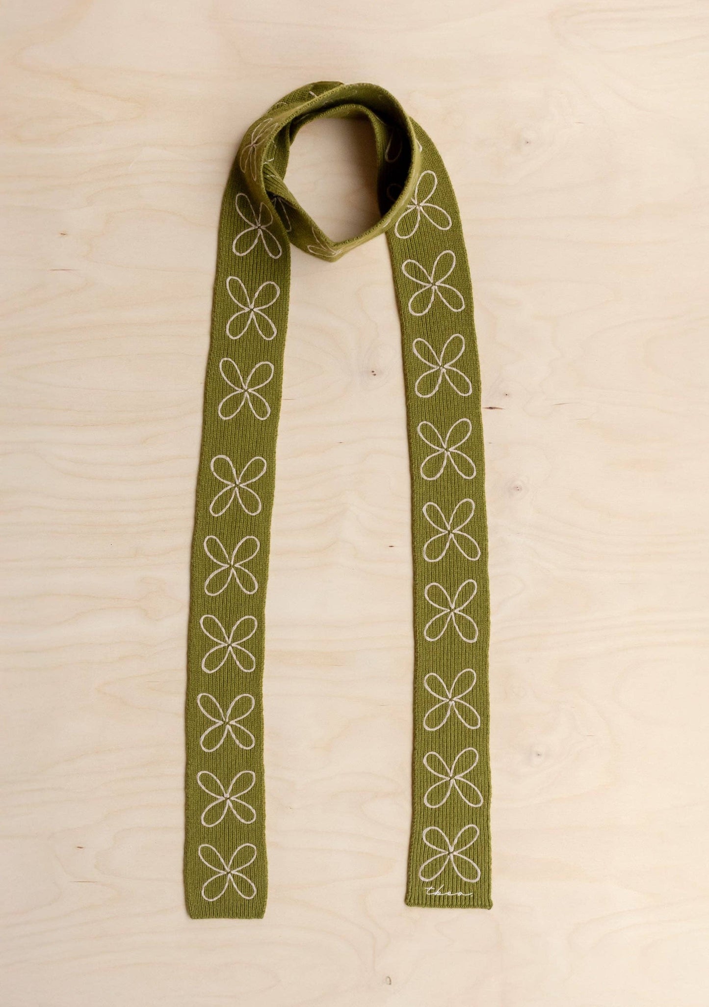 Merino Wool Skinny Scarf in Olive Flora