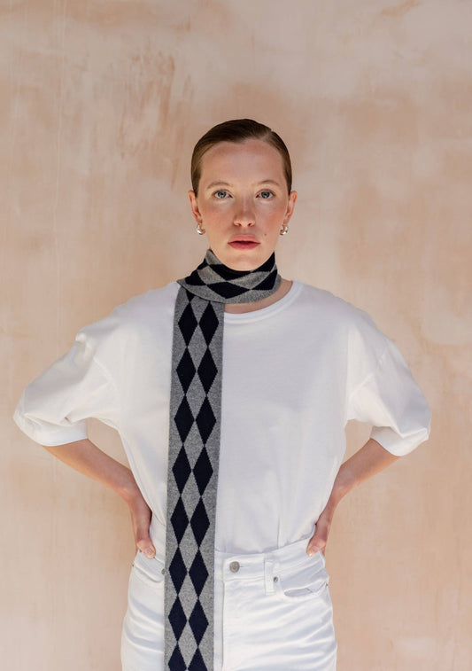 Merino Wool Skinny Scarf in Charcoal Harlequin