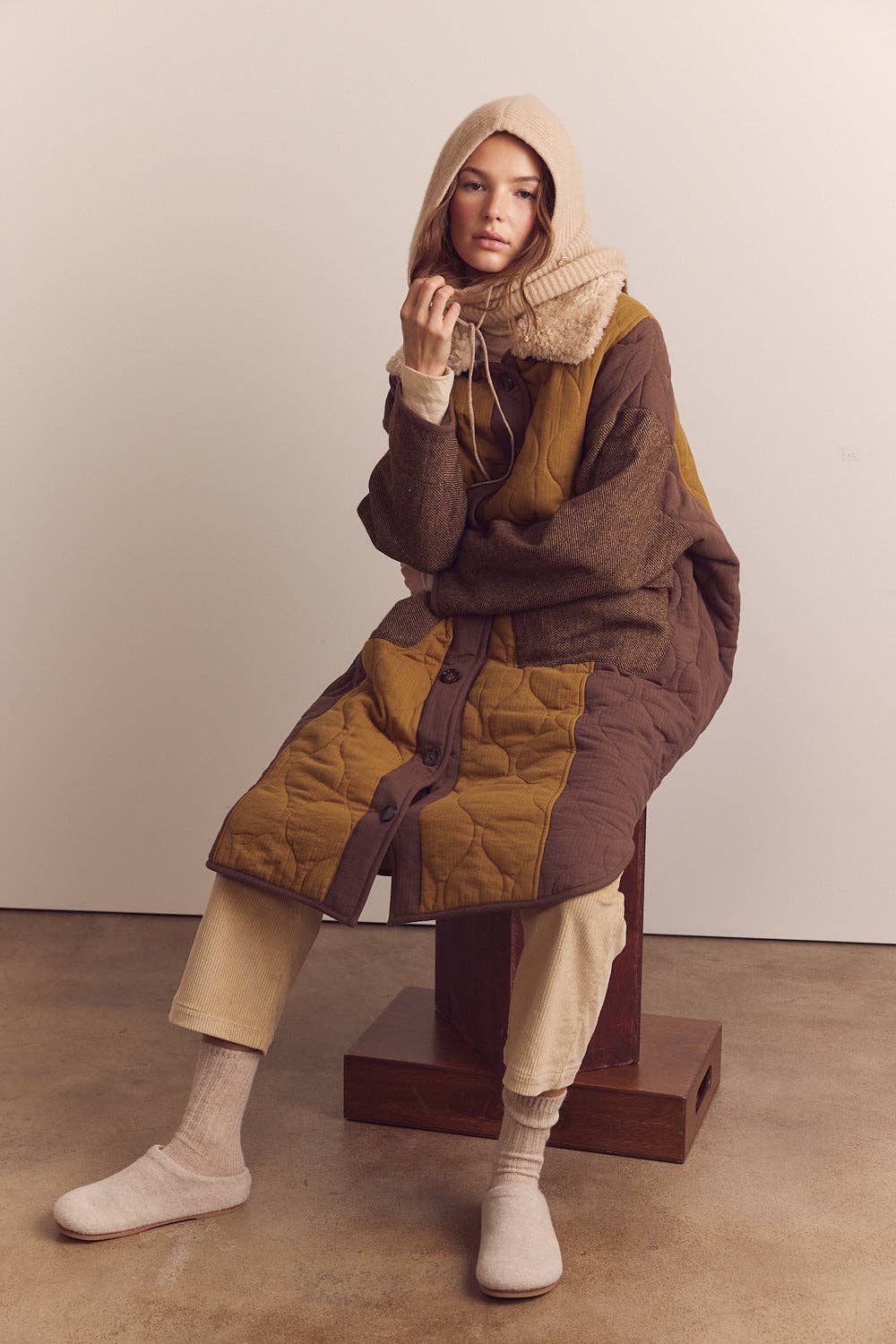 Amente Patch Quilted Wool Blend Coat w/ Detachable Collar