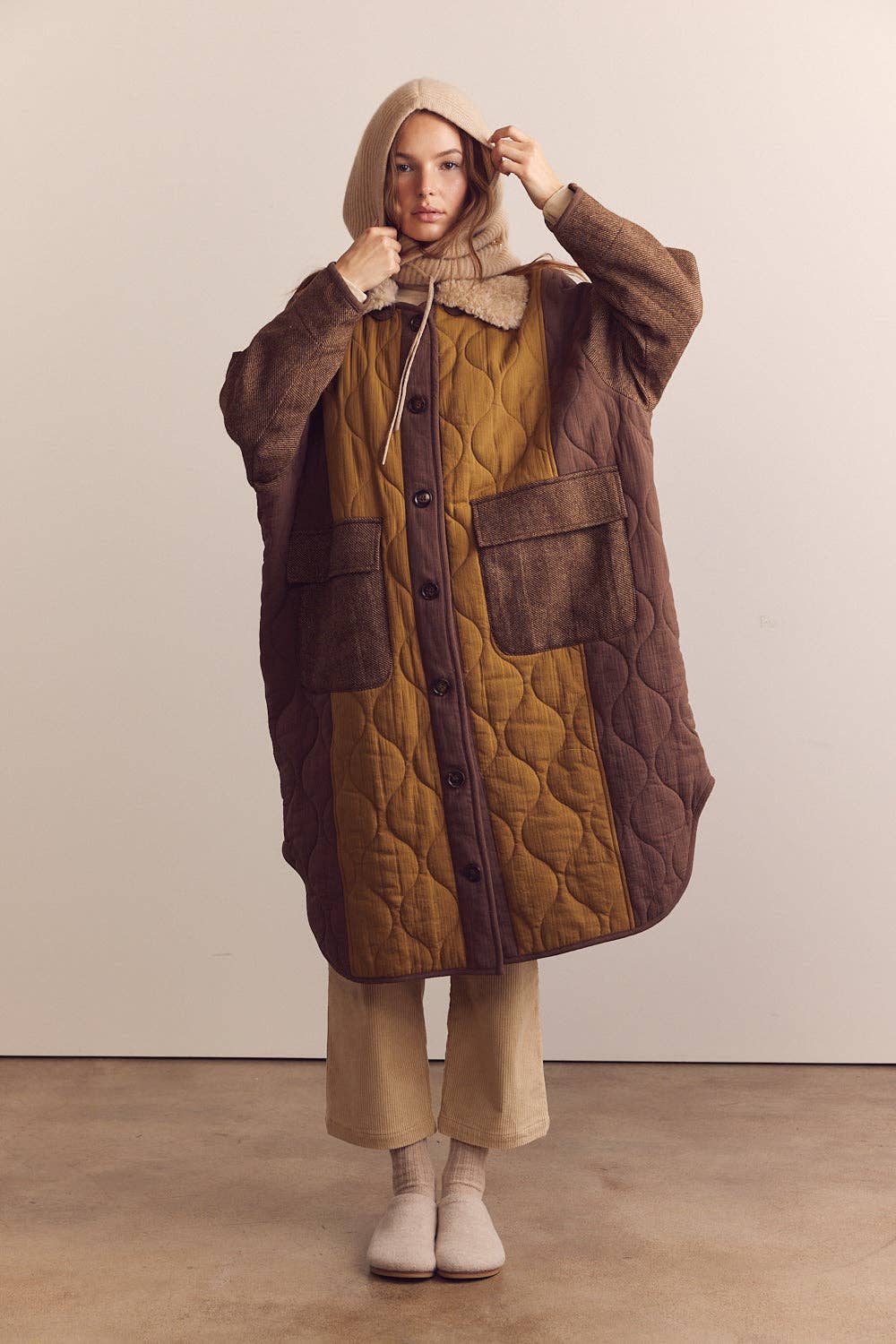 Amente Patch Quilted Wool Blend Coat w/ Detachable Collar