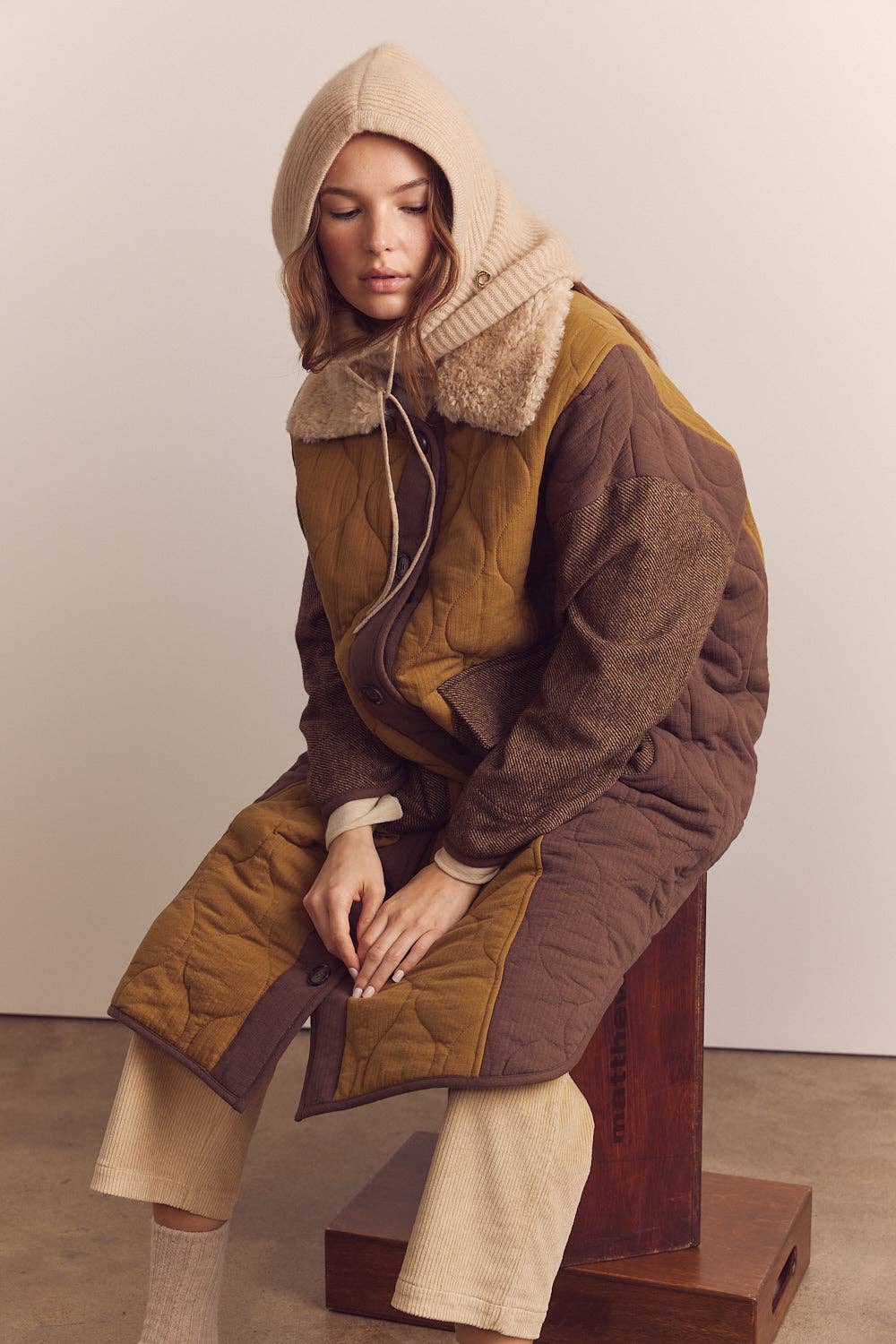Amente Patch Quilted Wool Blend Coat w/ Detachable Collar