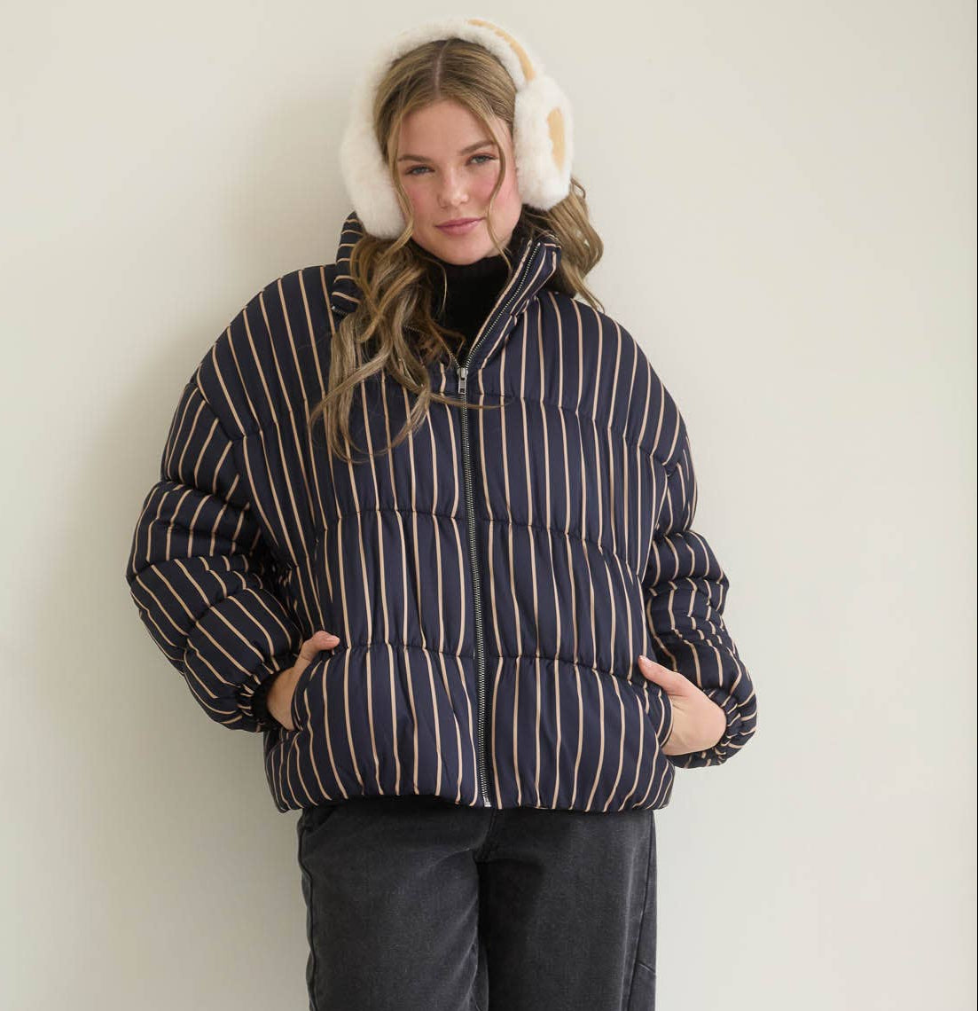 Funnel Neck Striped Puffer