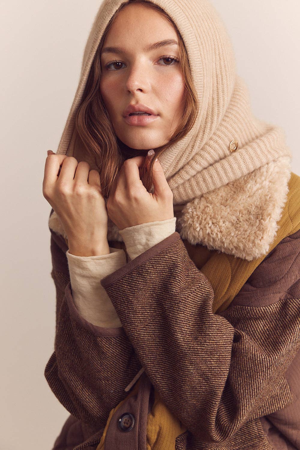 Amente Patch Quilted Wool Blend Coat w/ Detachable Collar