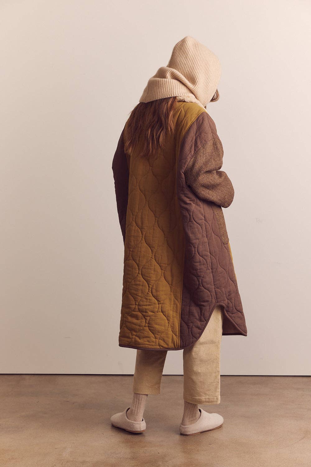 Amente Patch Quilted Wool Blend Coat w/ Detachable Collar
