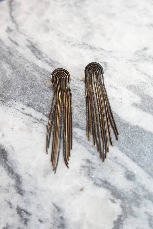 Vintage Snake Chain Waterfall Earrings – Bronze & Black Metal