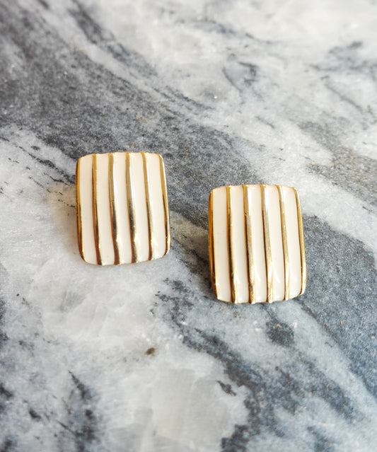 Vintage 80s Gold & Ivory Striped Enamel Earrings