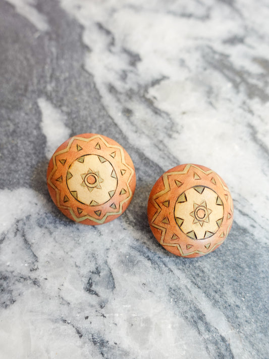 Vintage Hand-Carved Wood Earrings – Sunburst Medallion