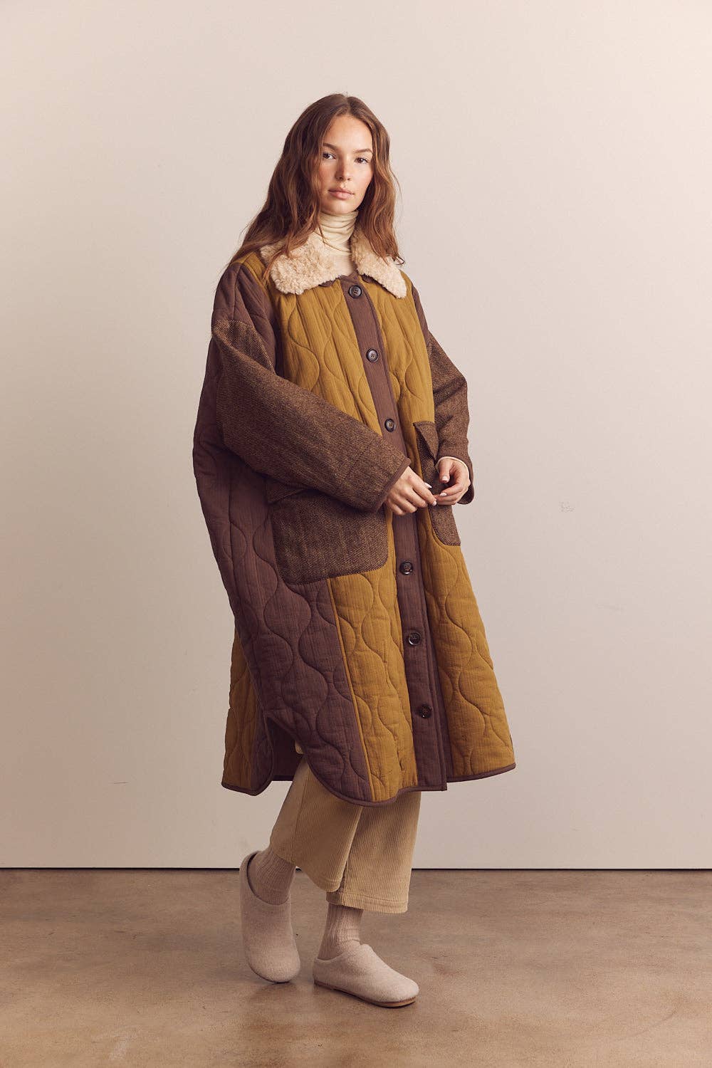 Amente Patch Quilted Wool Blend Coat w/ Detachable Collar