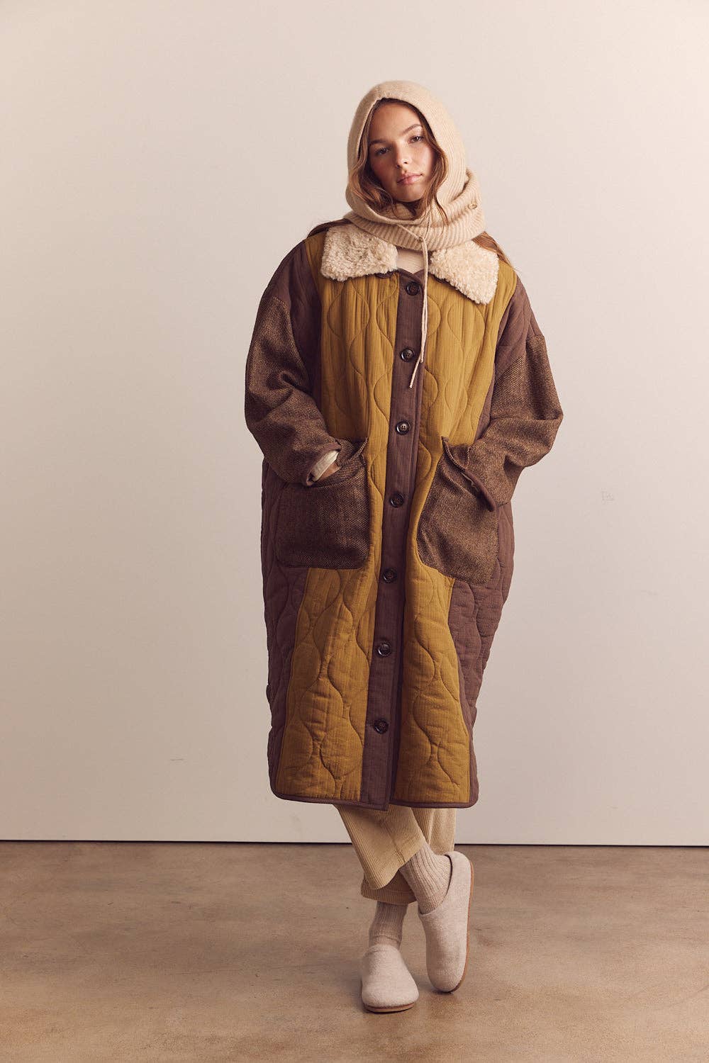 Amente Patch Quilted Wool Blend Coat w/ Detachable Collar