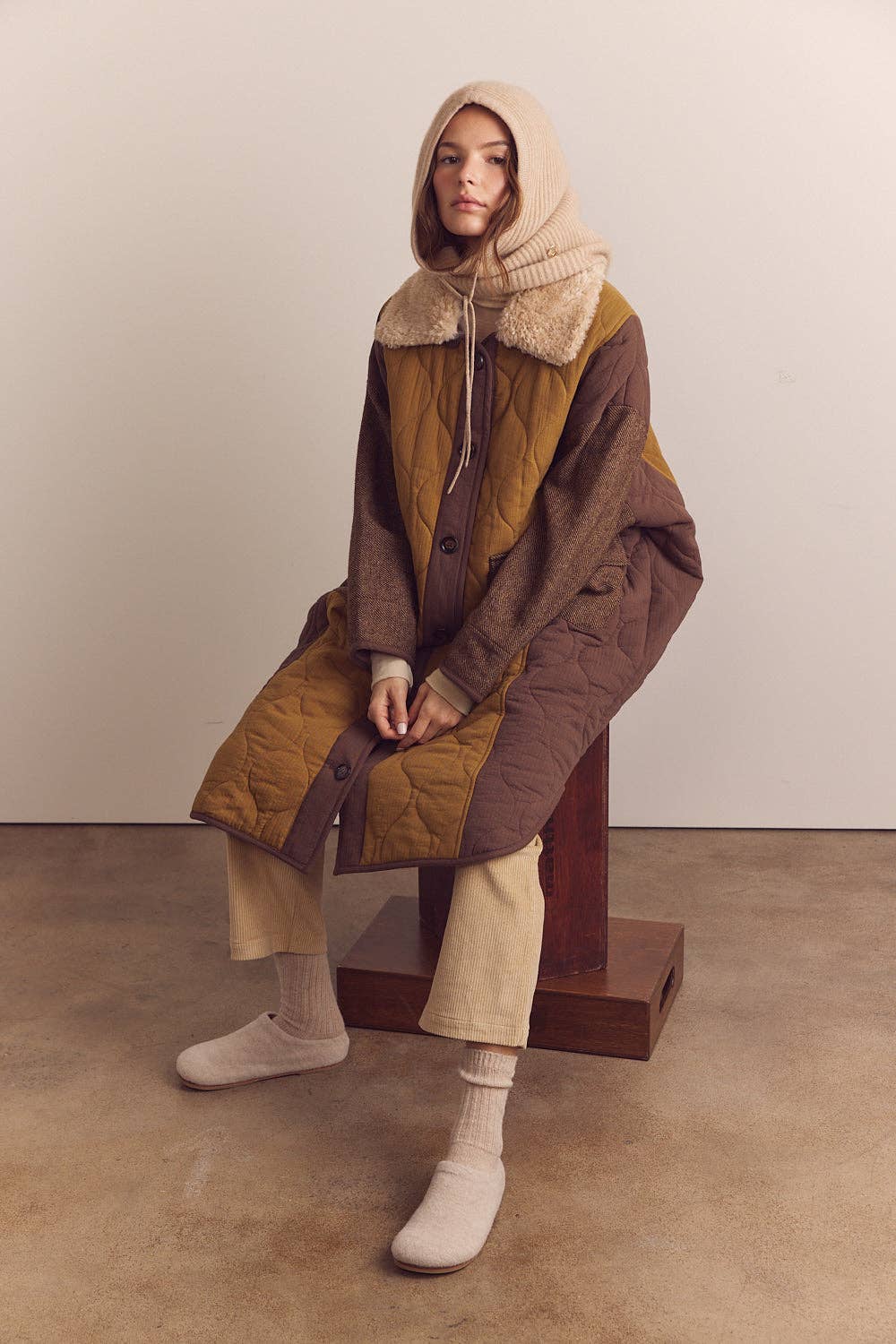 Amente Patch Quilted Wool Blend Coat w/ Detachable Collar