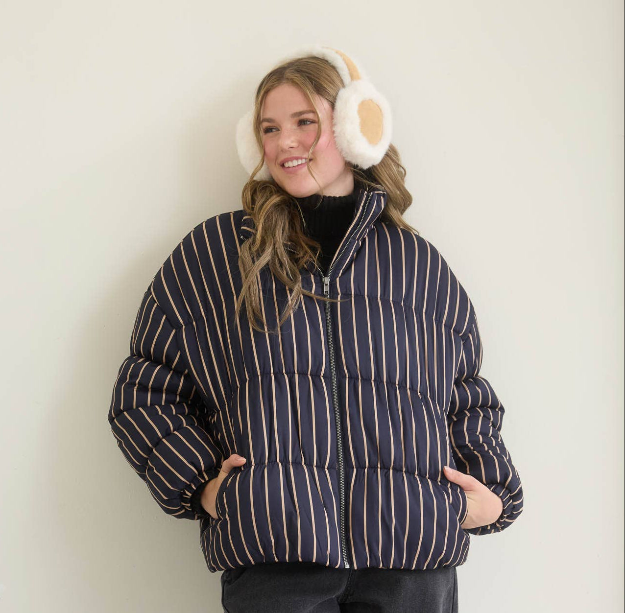 Funnel Neck Striped Puffer