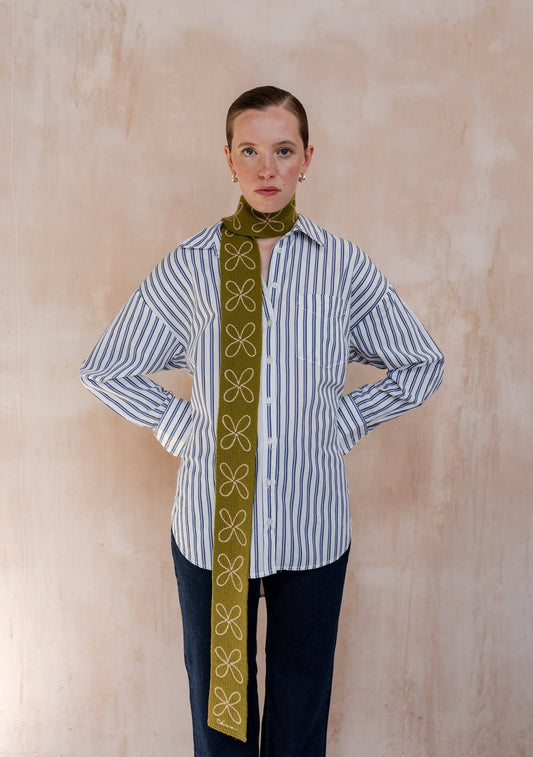 Merino Wool Skinny Scarf in Olive Flora