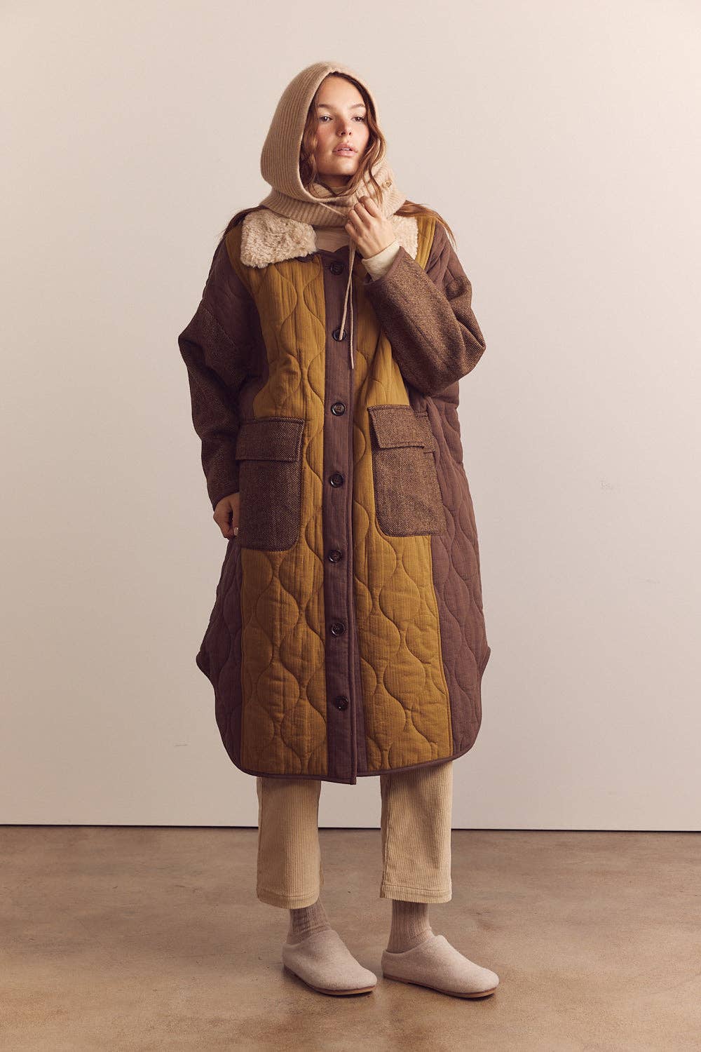 Amente Patch Quilted Wool Blend Coat w/ Detachable Collar