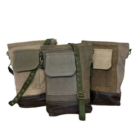 Recycled Military Tent Crossbody with Leather Accent